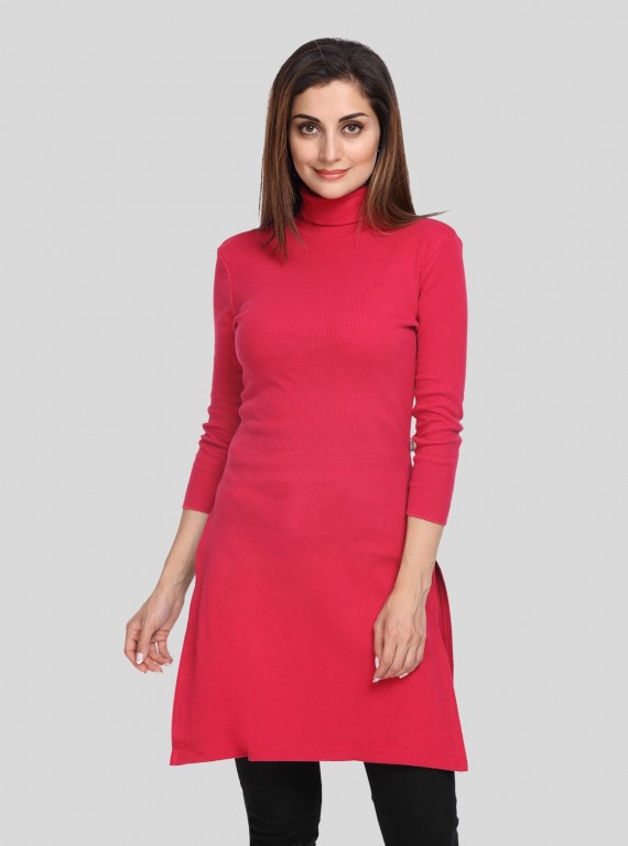 Women's Red High Neck Long Sleeve Ribbed Dress in Cotton Elastane