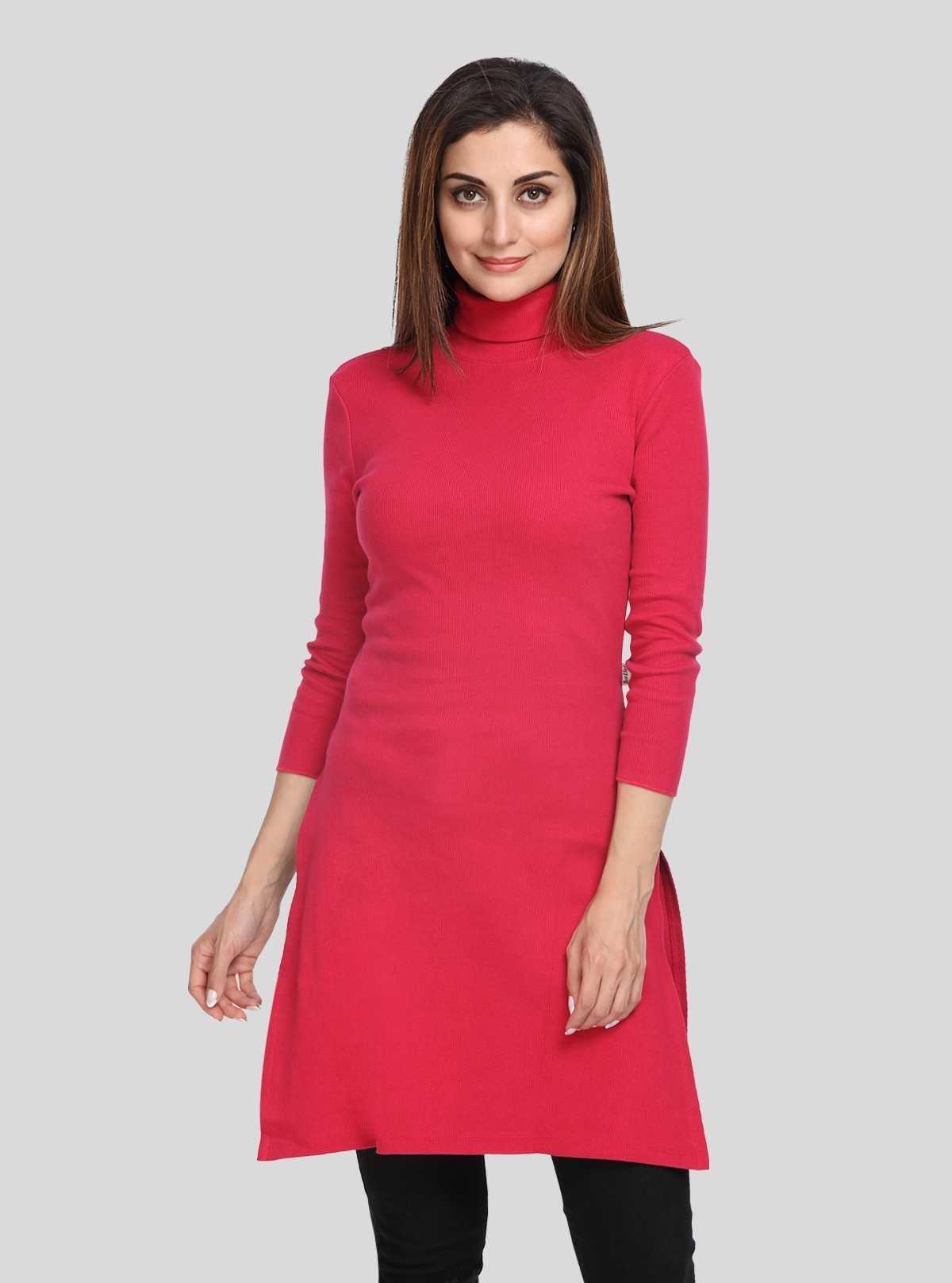Women's Red High Neck Long Sleeve Ribbed Dress in Cotton Elastane