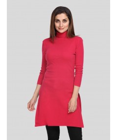 Women's Red High Neck Long Sleeve Ribbed Dress in Cotton Elastane