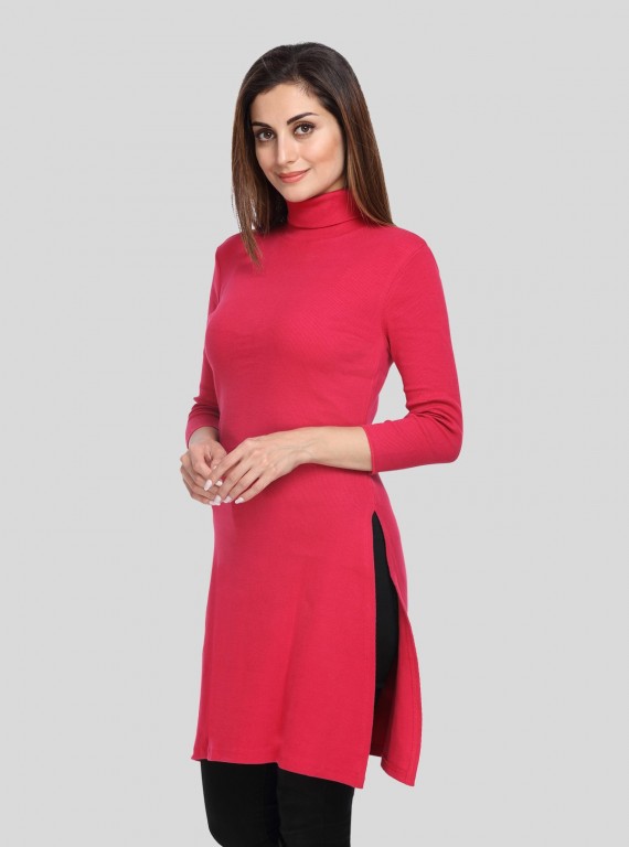 Red Roll On Neck Long Top
