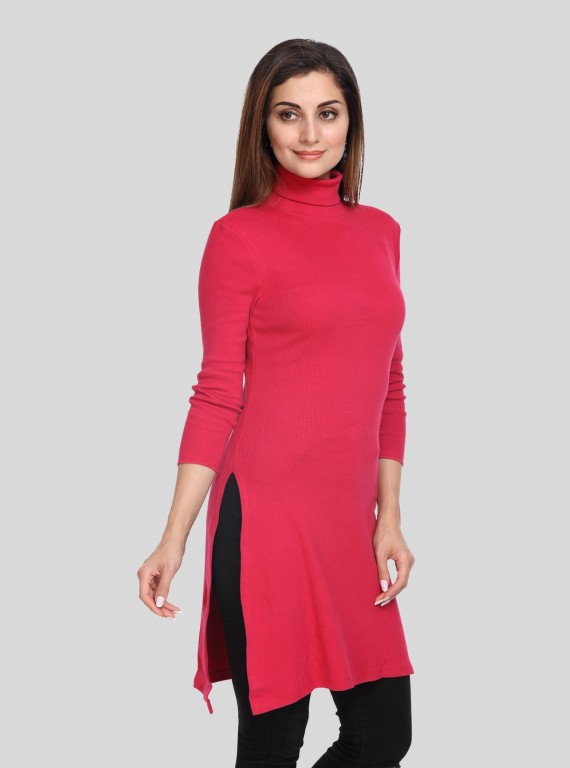 Red Roll On Neck Long Top