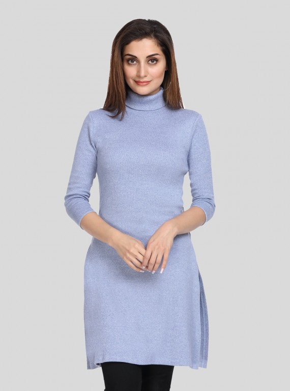 Women's Blue Melange High Neck Long Sleeve Ribbed Cotton Dress