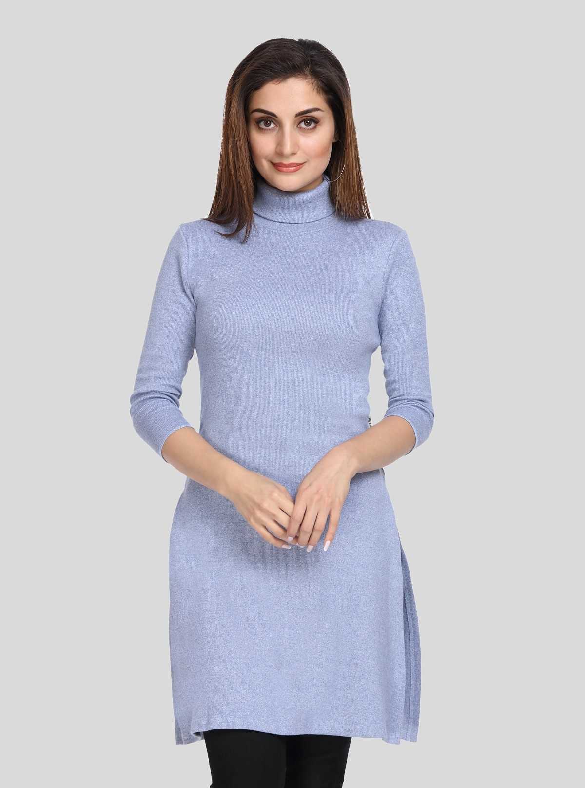 Women's Blue Melange High Neck Long Sleeve Ribbed Cotton Dress