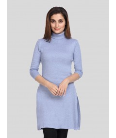 Women's Blue Melange High Neck Long Sleeve Ribbed Cotton Dress