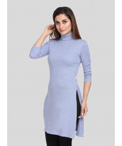 Blue Melange Roll On Neck Long Dress