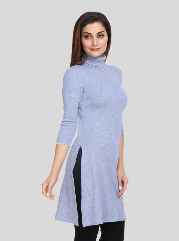 Blue Melange Roll On Neck Long Dress