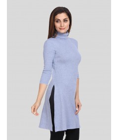 Blue Melange Roll On Neck Long Dress
