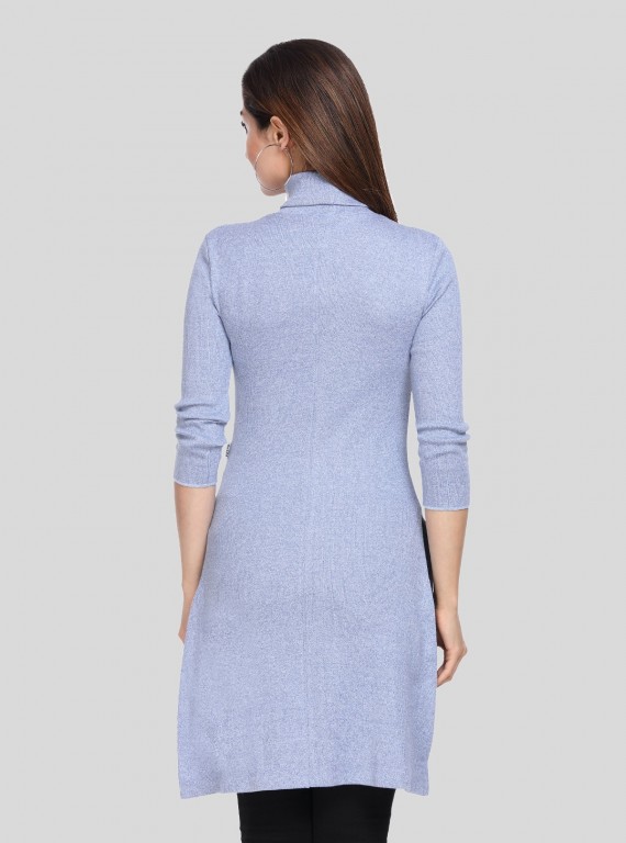 Blue Melange Roll On Neck Long Dress