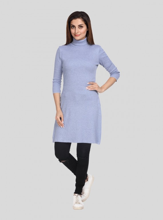 Blue Melange Roll On Neck Long Dress
