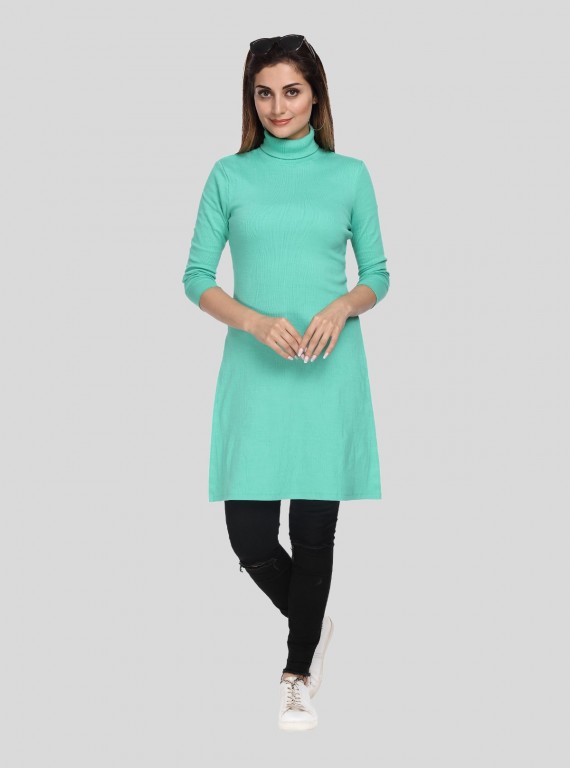 Women's Green High Neck Ribbed Long Sleeve Cotton Stretch Dress
