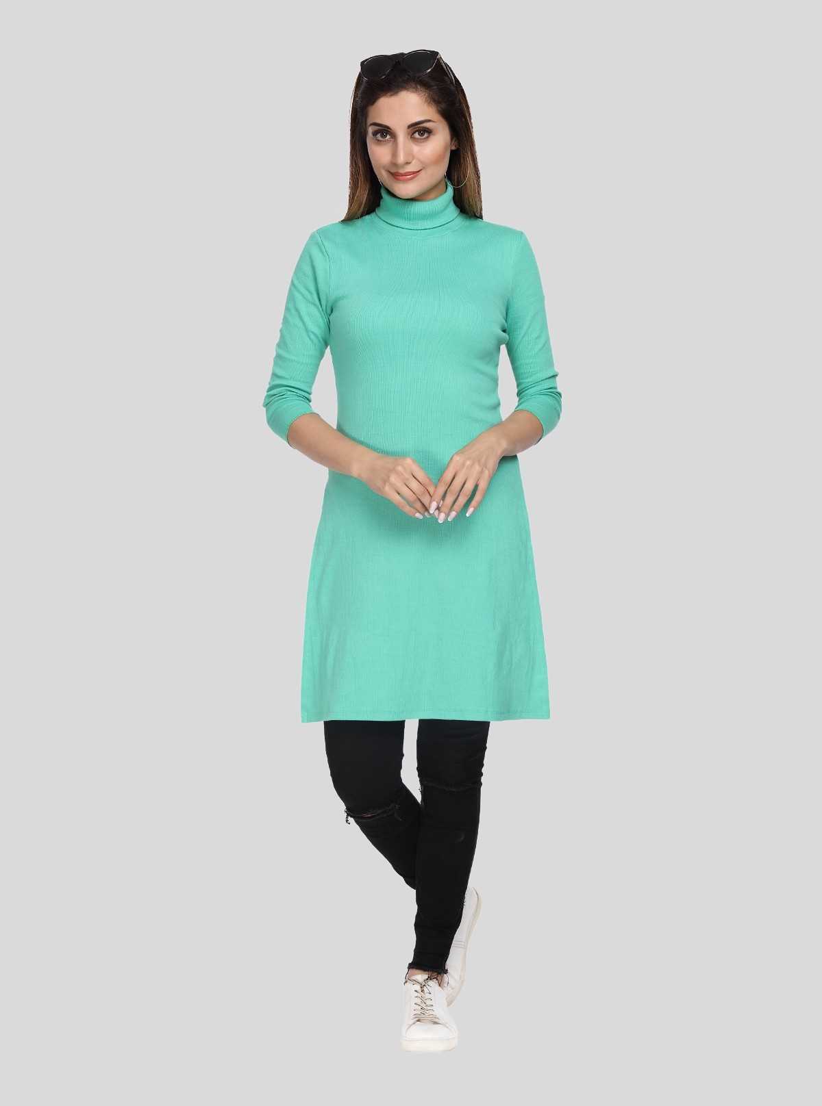 Women's Green High Neck Ribbed Long Sleeve Cotton Stretch Dress