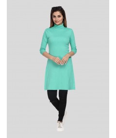 Women's Green High Neck Ribbed Long Sleeve Cotton Stretch Dress