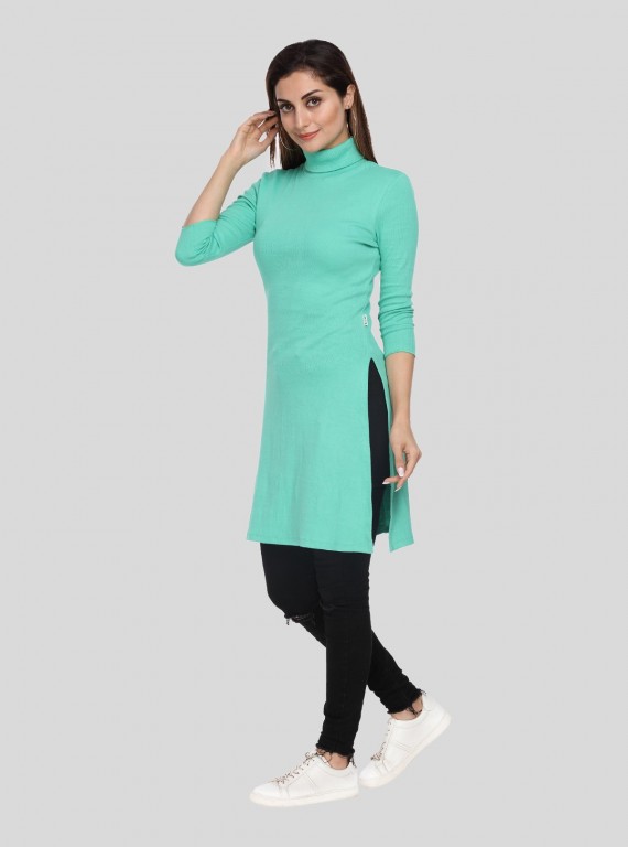 Green Roll On Neck Long Dress