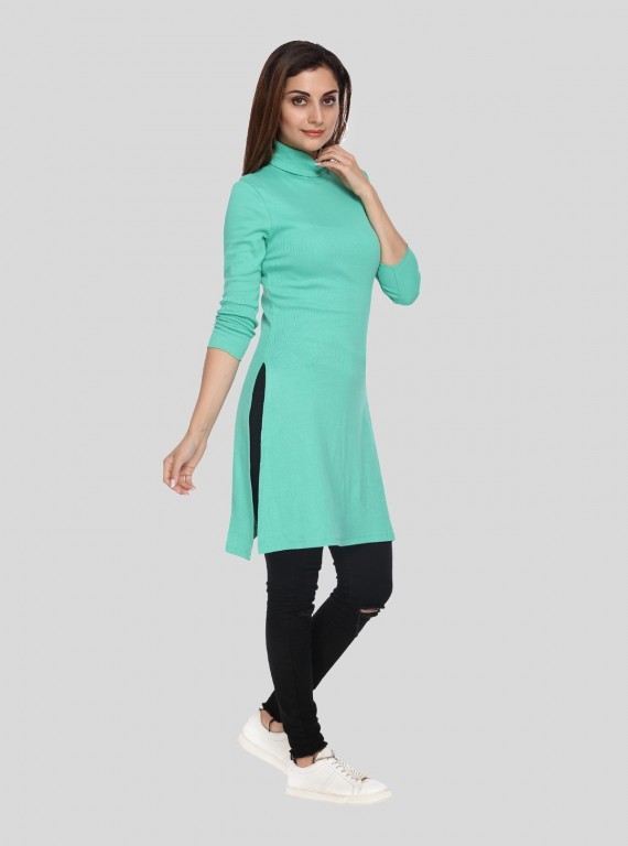 Green Roll On Neck Long Dress