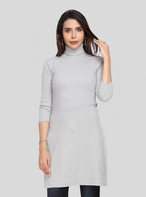 Women's Grey Melange High Neck Ribbed Cotton Stretch Long Sleeve Dress