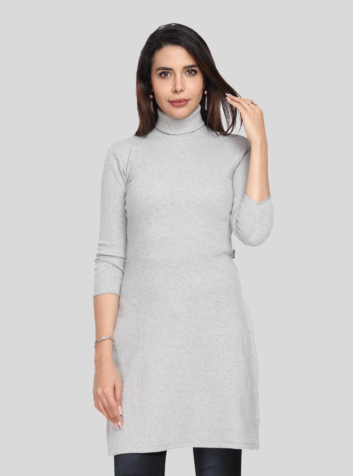 Women's Grey Melange High Neck Ribbed Cotton Stretch Long Sleeve Dress
