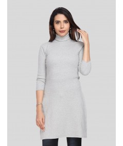 Women's Grey Melange High Neck Ribbed Cotton Stretch Long Sleeve Dress