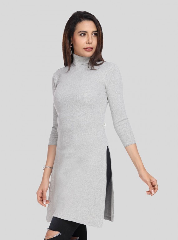 Grey Melange Roll On Neck Long Dress