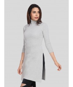 Grey Melange Roll On Neck Long Dress