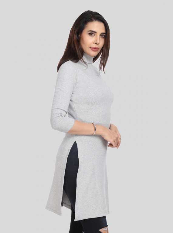 Grey Melange Roll On Neck Long Dress