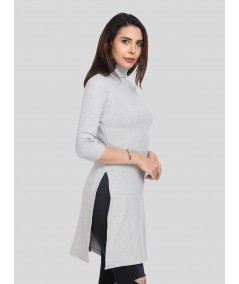 Grey Melange Roll On Neck Long Dress