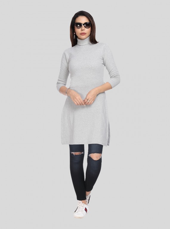 Grey Melange Roll On Neck Long Dress