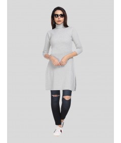 Grey Melange Roll On Neck Long Dress