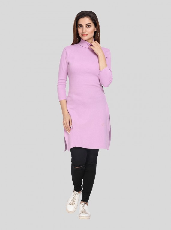 Women's Pink High Neck Ribbed Long Sleeve Cotton Stretch Dress