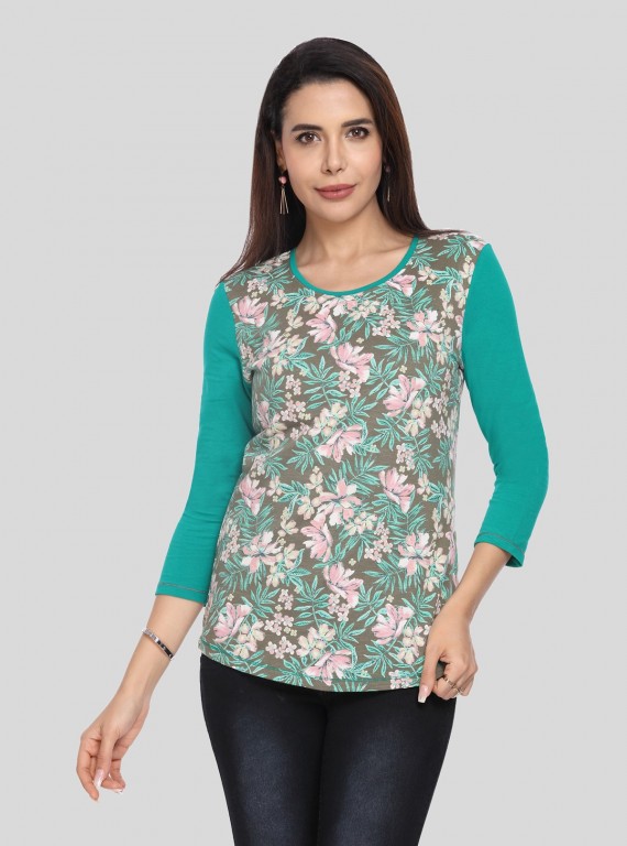 Women's Green Floral Print Contrast Top – Bold Style Meets Elegant Detail