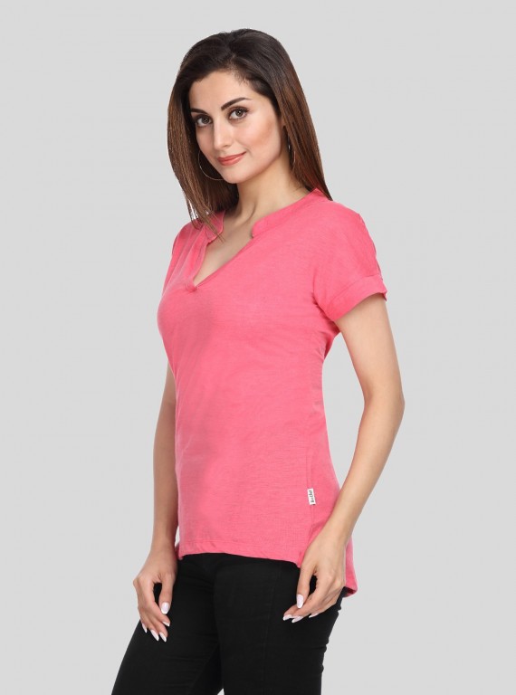 Band collar Womens Top - Fushia