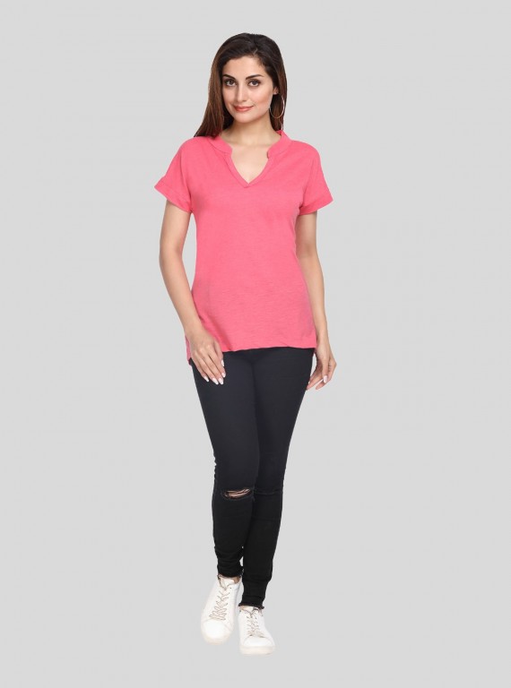 Band collar Womens Top - Fushia
