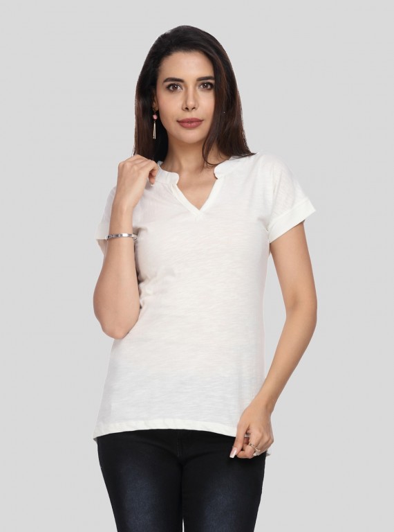 Band collar Womens Top - White