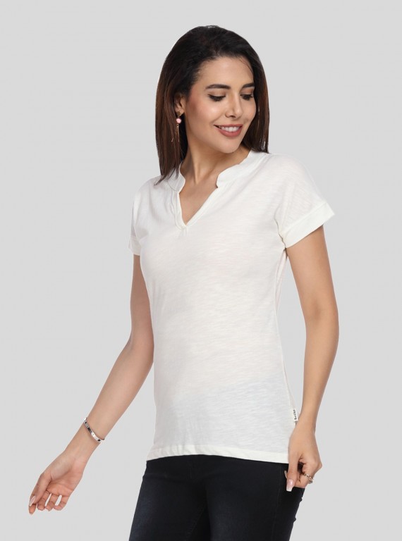 Band collar Womens Top - White
