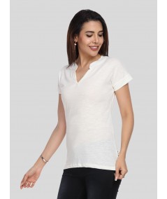 Band collar Womens Top - White