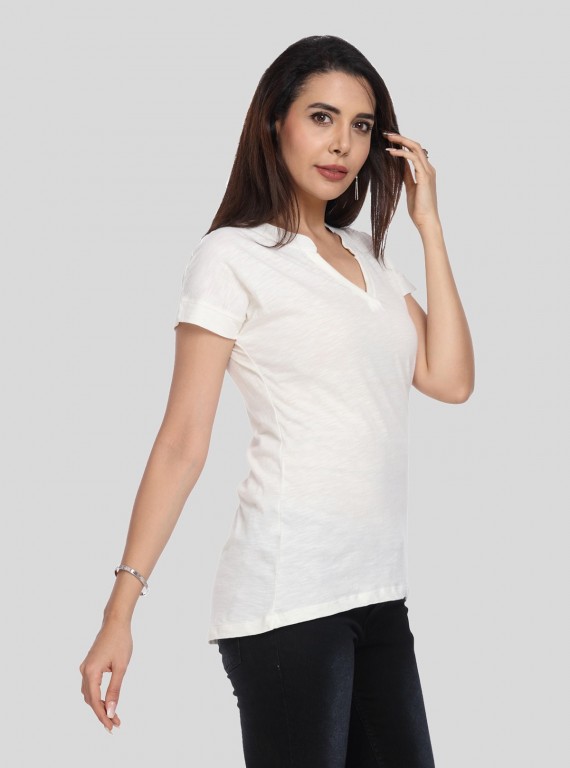 Band collar Womens Top - White
