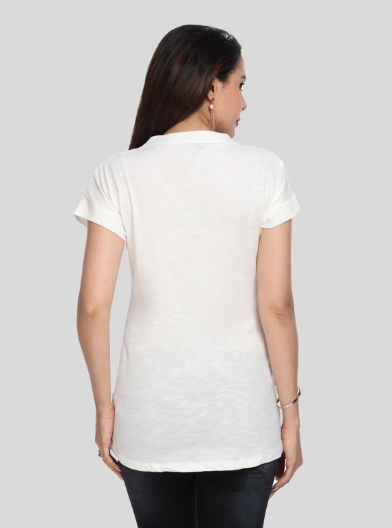 Band collar Womens Top - White