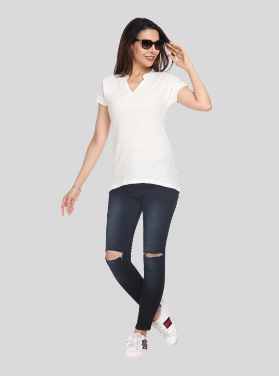 Band collar Womens Top - White