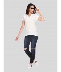 Band collar Womens Top - White