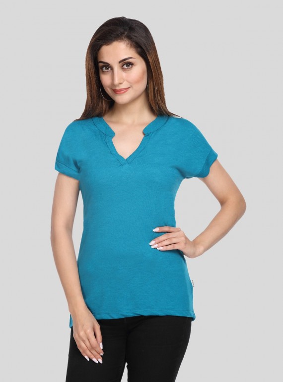 Band collar Womens Top - Teal Green
