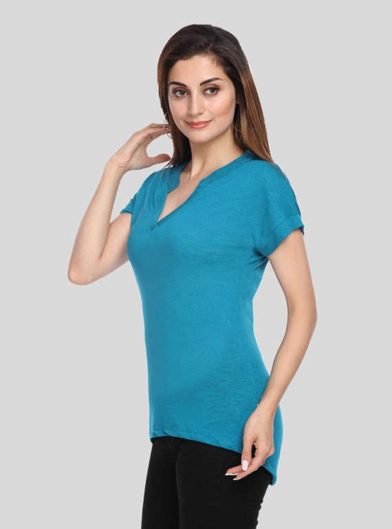 Band collar Womens Top - Teal Green