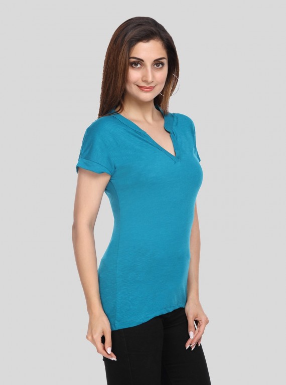 Band collar Womens Top - Teal Green