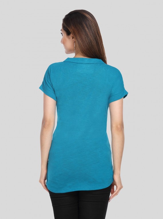 Band collar Womens Top - Teal Green