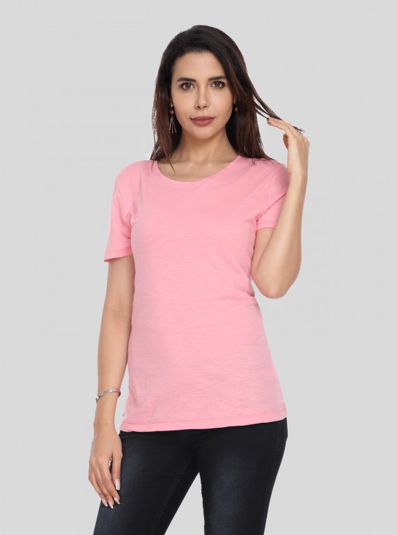 Women's Pink Crew Neck Cotton Jersey Short Sleeve T-Shirt by Boer and Fitch