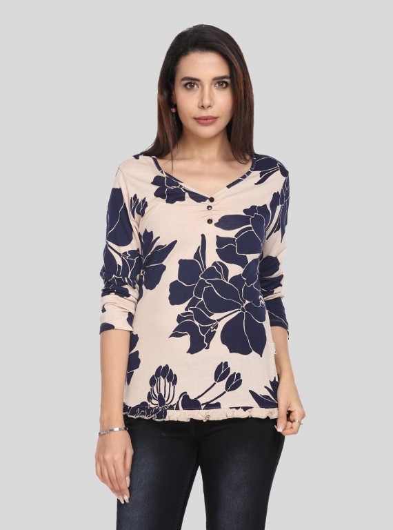 Women’s Beige Leafy Print Long Sleeve Top with Button Front – Cotton Jersey by Boer & Fitch