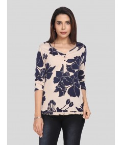 Women’s Beige Leafy Print Long Sleeve Top with Button Front – Cotton Jersey by Boer & Fitch
