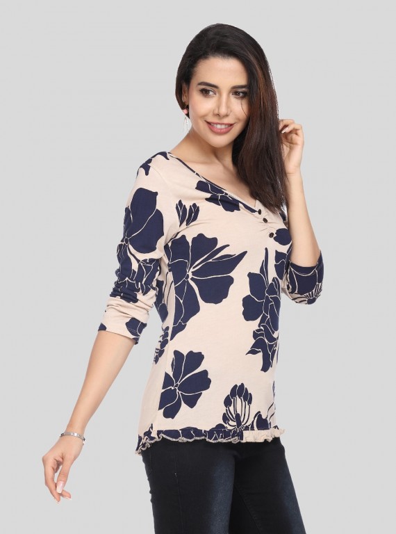 Ecru V Neck Floral Top