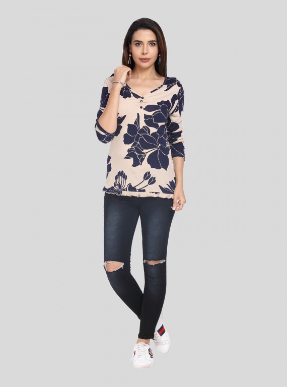 Ecru V Neck Floral Top