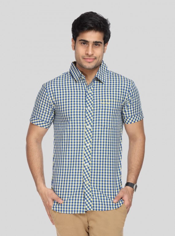 Men's Yellow Small Checked Half Sleeve Shirt – Fresh, Vibrant & Easygoing