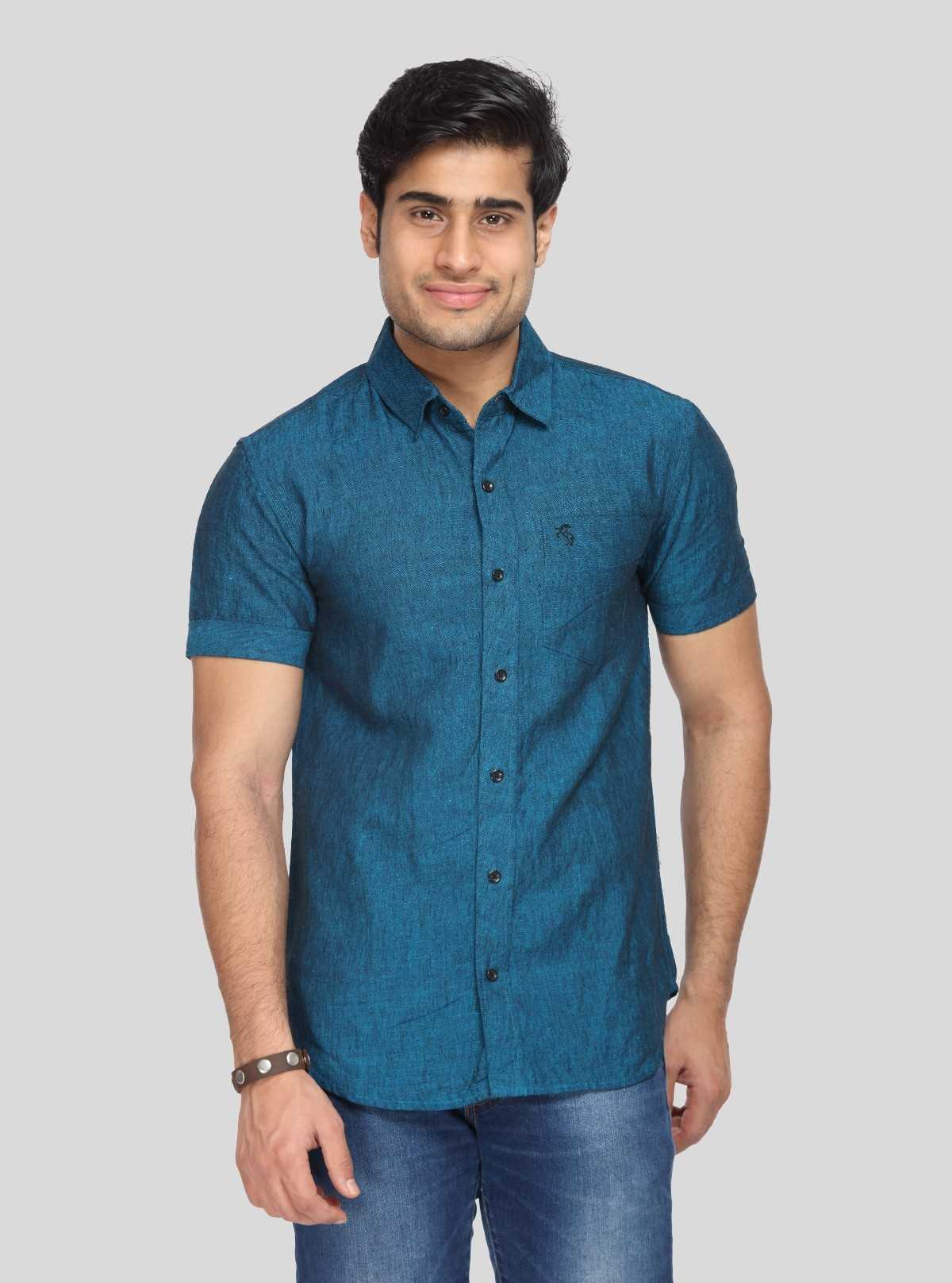 Men's Turquoise Blue Linen Blended Shirt – Vibrant, Breezy & Smart Casual