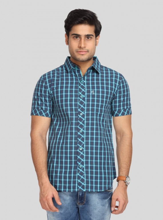 Men’s Indigo Casual Checked Half Sleeve Shirt – Effortless Style for Everyday Wear